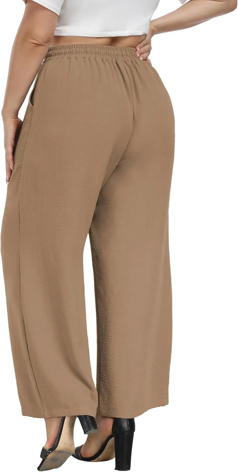 Cheapestbuy Plus Size Summer Wide Leg Pants for Women Loose Palazzo Pants Long Flowy Casual Pants with Pockets