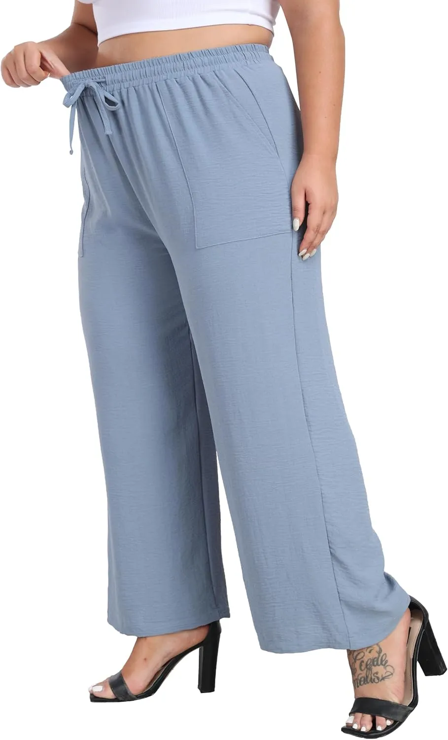 Cheapestbuy Plus Size Summer Wide Leg Pants for Women Loose Palazzo Pants Long Flowy Casual Pants with Pockets