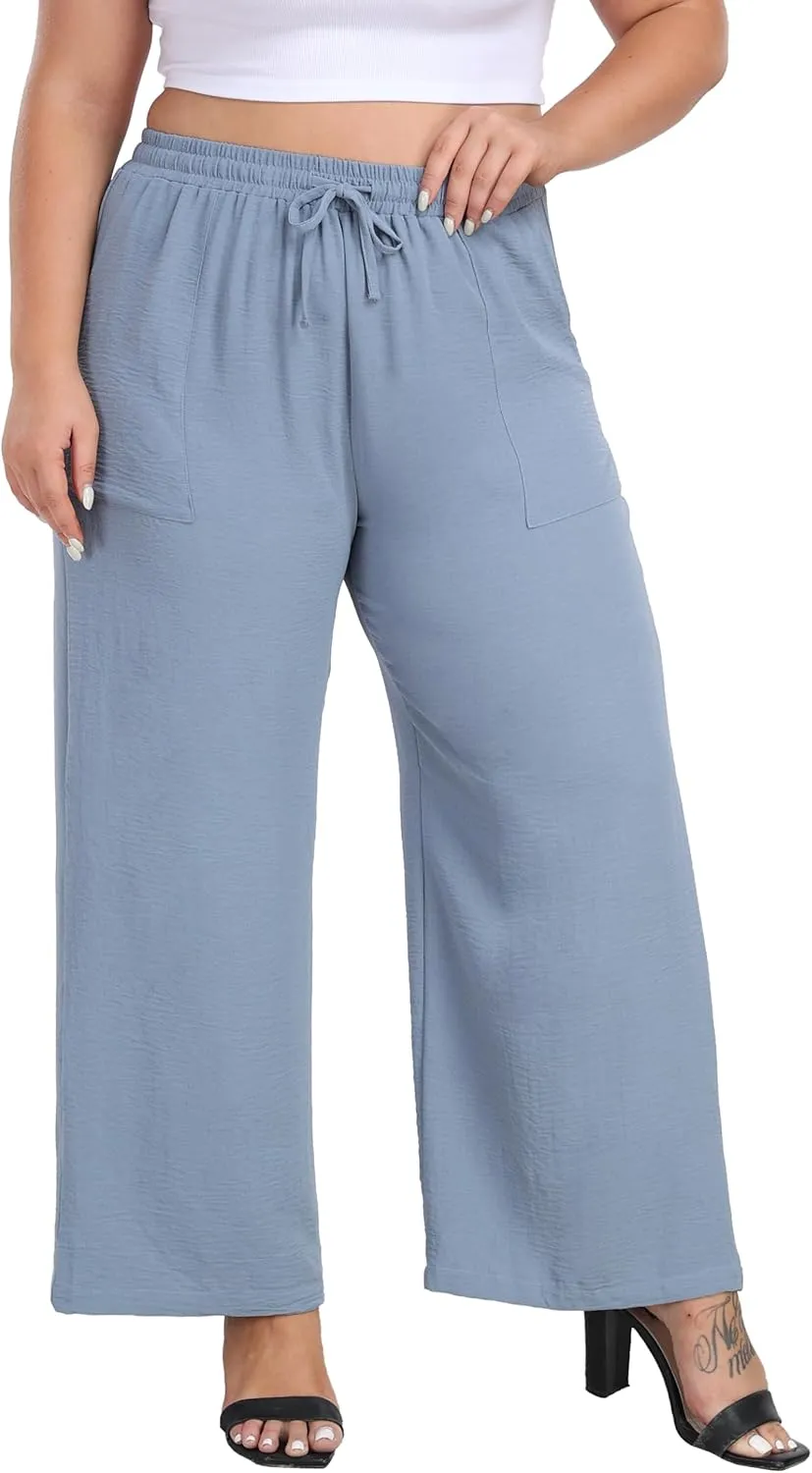 Cheapestbuy Plus Size Summer Wide Leg Pants for Women Loose Palazzo Pants Long Flowy Casual Pants with Pockets