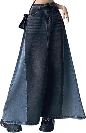 chouyatou Women's Vintage A-Line Maxi Denim Skirt Casual Color Block High Waist Long Jean Skirt