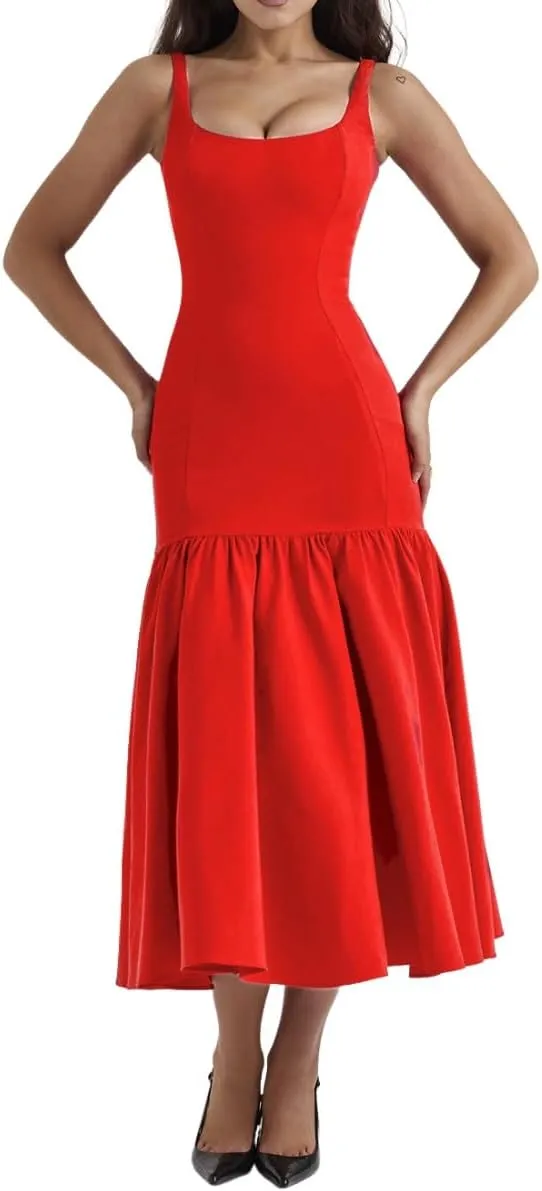 Chvity Women Sexy Bodycon Sleeveless Maxi Dress Summer Backless Fishtail Dress Floral Ruched Cocktail Party Cami Dress