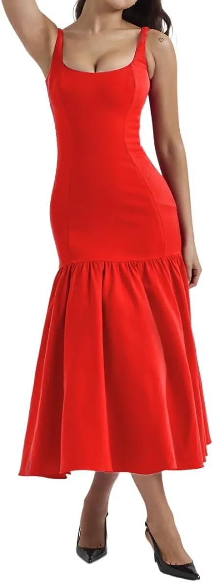 Chvity Women Sexy Bodycon Sleeveless Maxi Dress Summer Backless Fishtail Dress Floral Ruched Cocktail Party Cami Dress