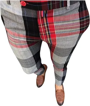 Color Block Pants for Men Comfy Plaid Cotton Stretch Shaping Flat Front Casual Slim Fit Business Dress Tapered Chinos Trouser