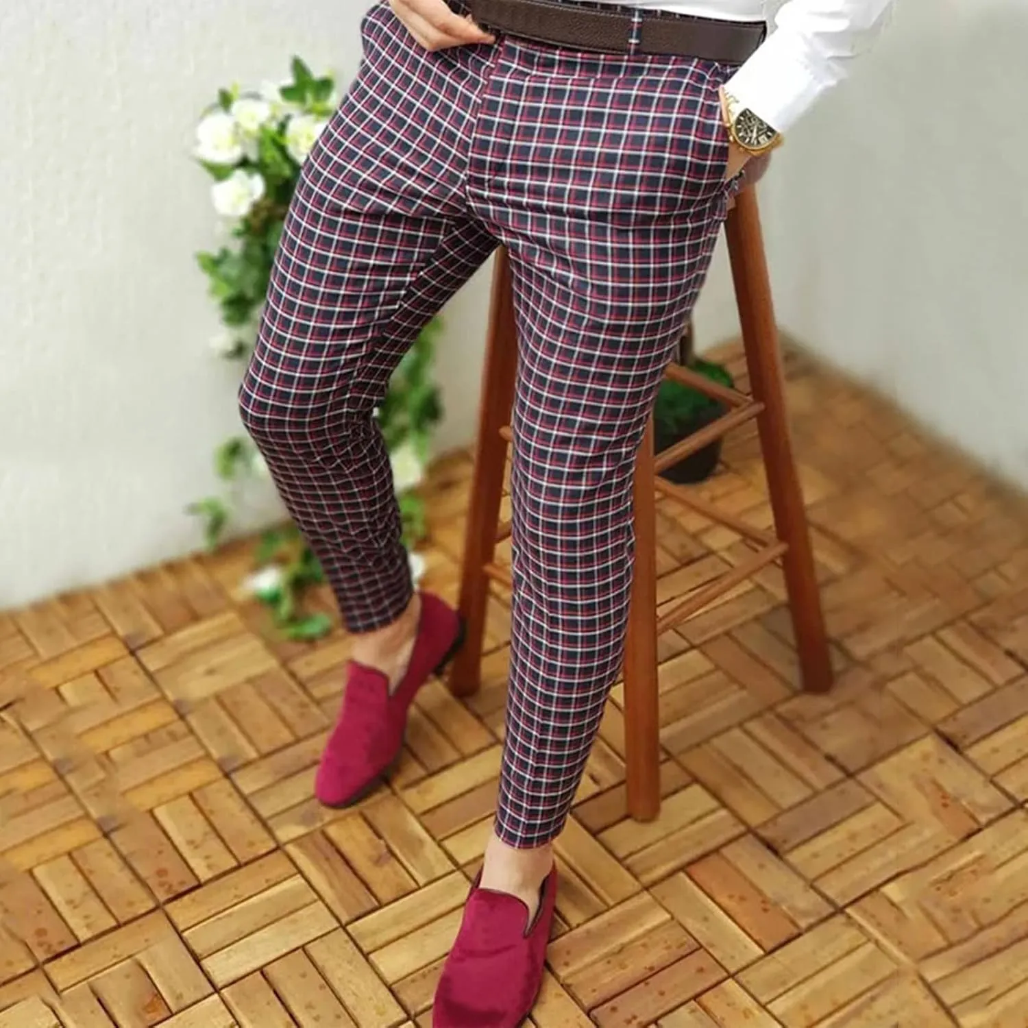 Color Block Pants for Men Comfy Plaid Cotton Stretch Shaping Flat Front Casual Slim Fit Business Dress Tapered Chinos Trouser