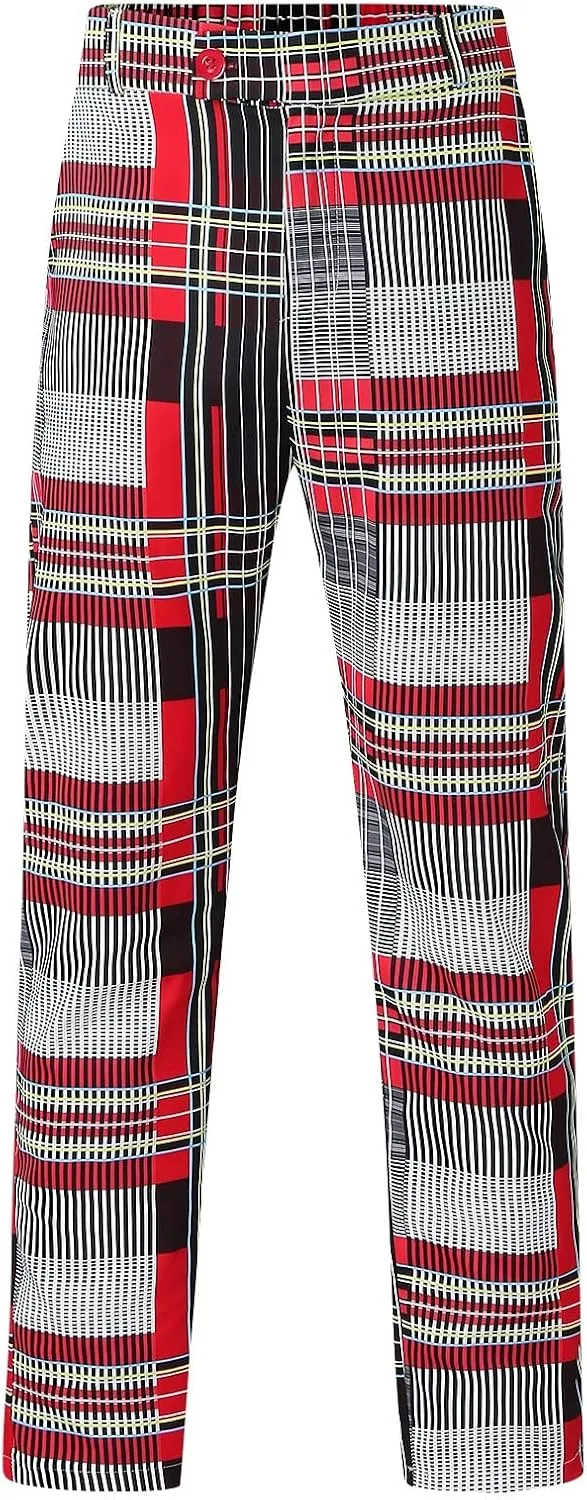 Color Block Pants for Men Comfy Plaid Cotton Stretch Shaping Flat Front Casual Slim Fit Business Dress Tapered Chinos Trouser