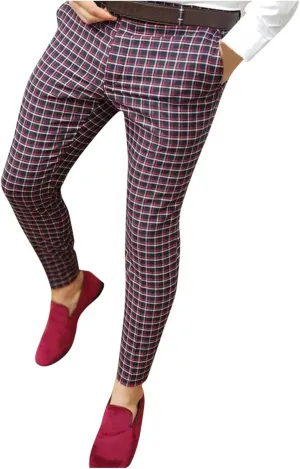 Color Block Pants for Men Comfy Plaid Cotton Stretch Shaping Flat Front Casual Slim Fit Business Dress Tapered Chinos Trouser