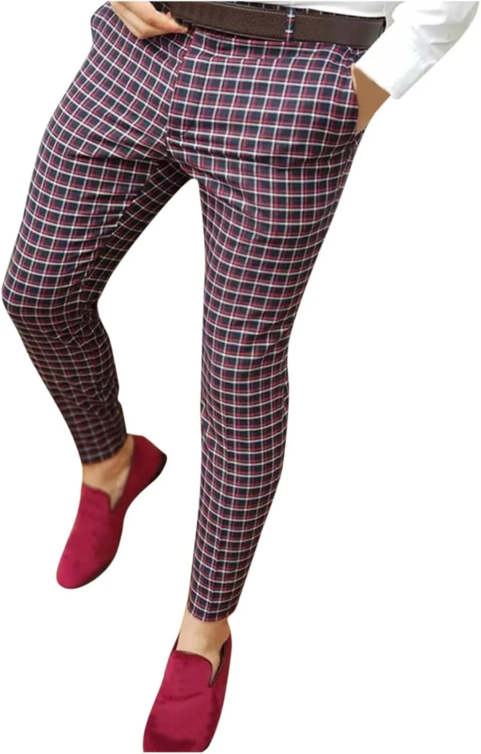 Color Block Pants for Men Comfy Plaid Cotton Stretch Shaping Flat Front Casual Slim Fit Business Dress Tapered Chinos Trouser
