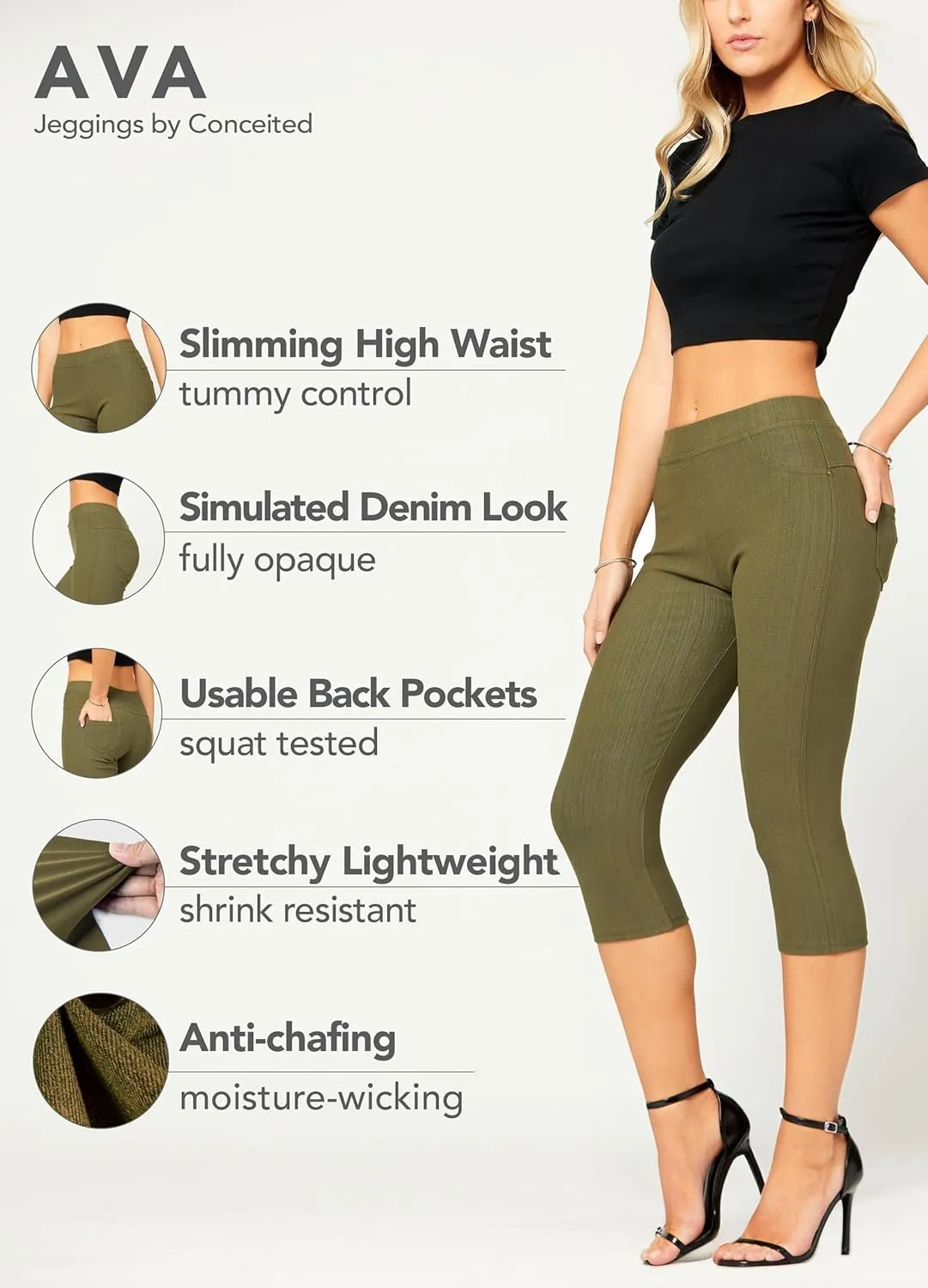 Conceited Jeggings for Women with Pockets - High Waist - Tummy Control Shaping - Regular and Plus Size