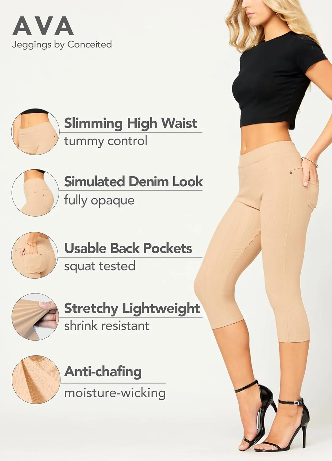 Conceited Jeggings for Women with Pockets - High Waist - Tummy Control Shaping - Regular and Plus Size
