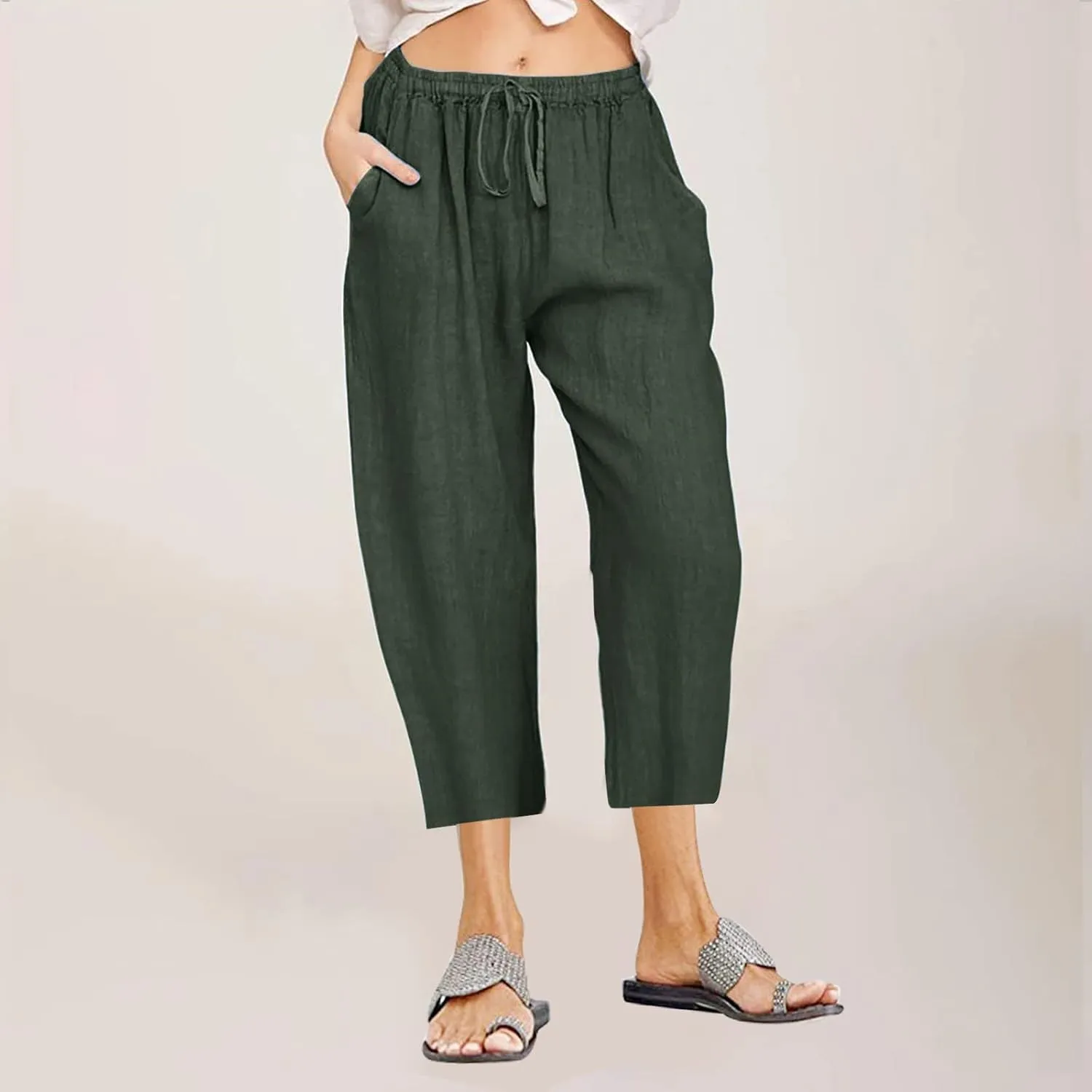 Cotton Linen Capri Pants for Women 2025 Summer Vacation Beach Trouser Drawstring High Waist Lounge Pants with Pockets