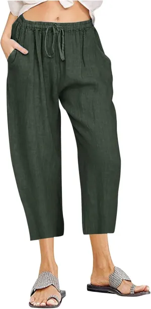 Cotton Linen Capri Pants for Women 2025 Summer Vacation Beach Trouser Drawstring High Waist Lounge Pants with Pockets