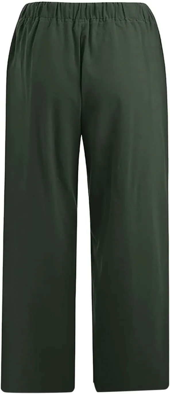 Cotton Linen Capri Pants for Women 2025 Summer Vacation Beach Trouser Drawstring High Waist Lounge Pants with Pockets