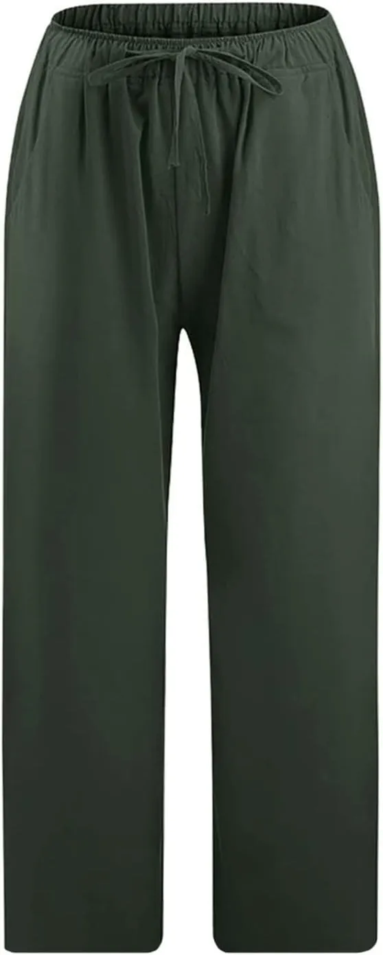 Cotton Linen Capri Pants for Women 2025 Summer Vacation Beach Trouser Drawstring High Waist Lounge Pants with Pockets