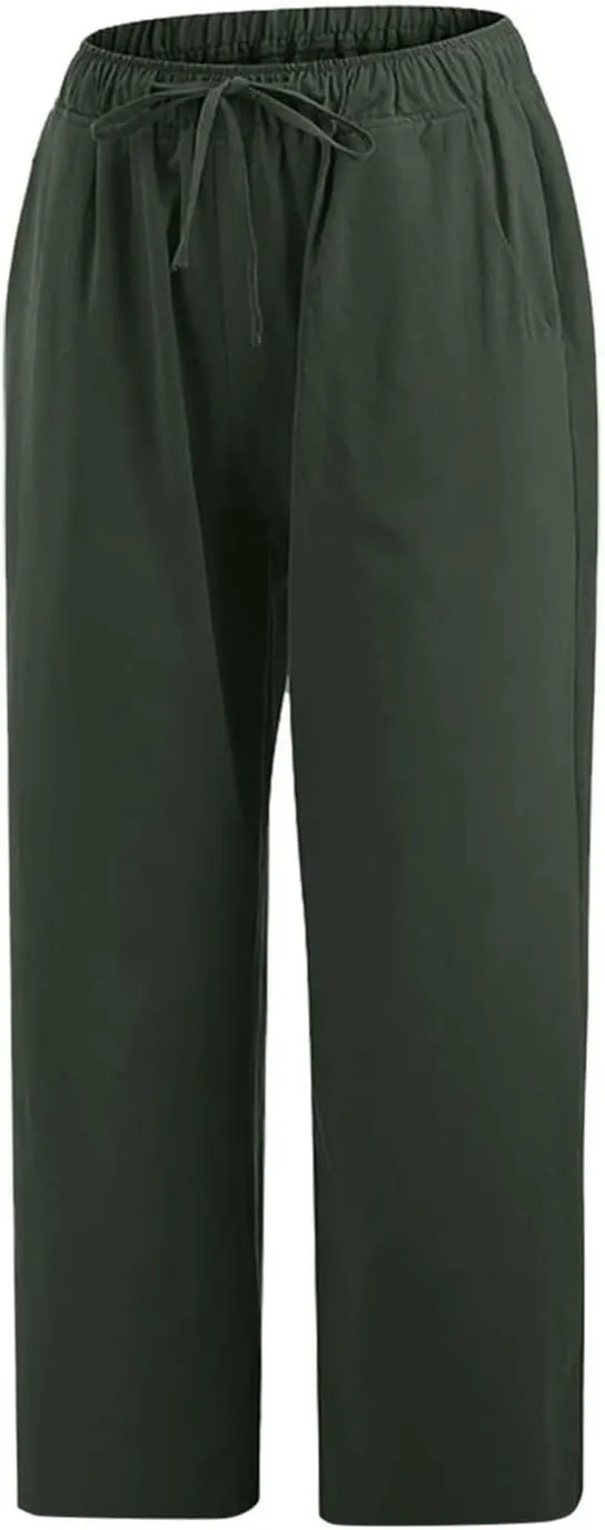 Cotton Linen Capri Pants for Women 2025 Summer Vacation Beach Trouser Drawstring High Waist Lounge Pants with Pockets