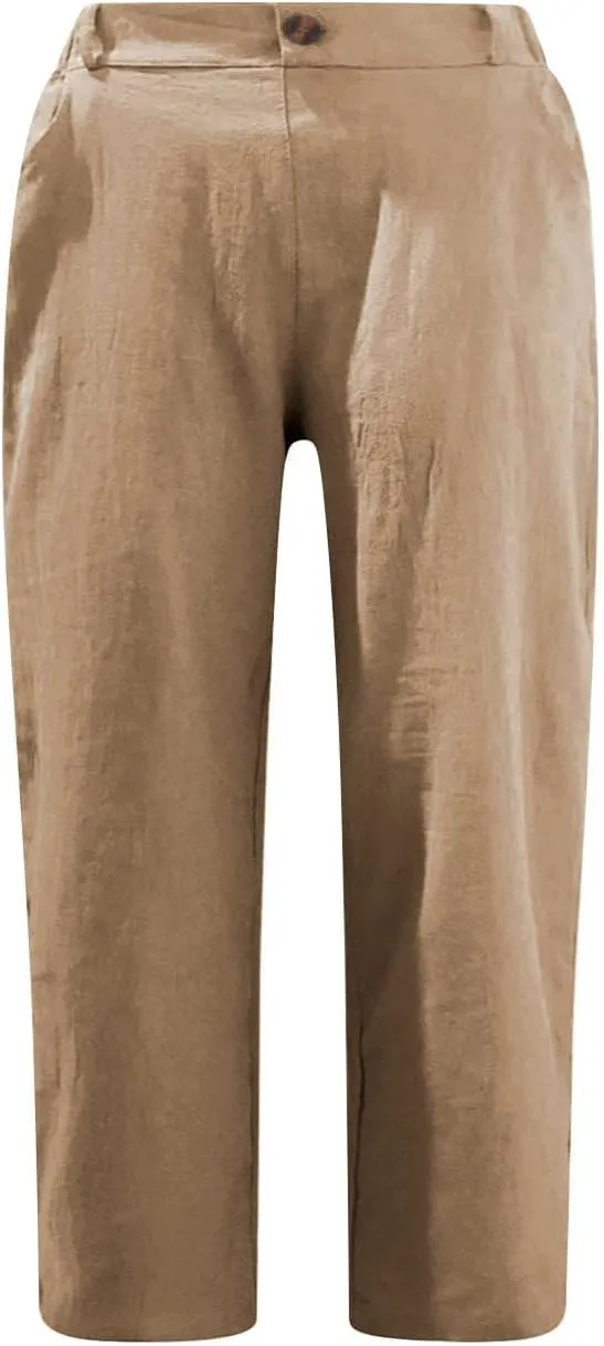 Cotton Linen Capri Pants for Women Casual 2024 Summer Straight Leg Pant Loose Cropped Trousers with Pockets