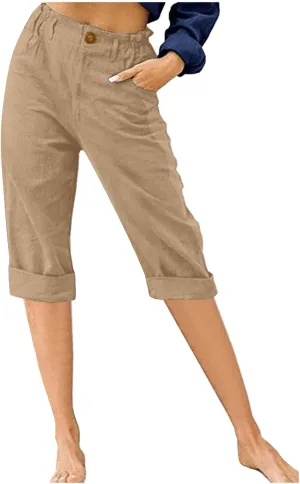 Cotton Linen Capri Pants for Women Casual 2024 Summer Straight Leg Pant Loose Cropped Trousers with Pockets