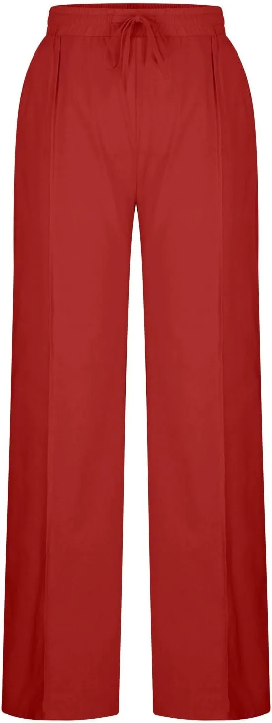 Cotton Linen Pants for Women Drawstring Waist Wide Leg Lounge Palazzo Pants Summer Casual Loose Trousers