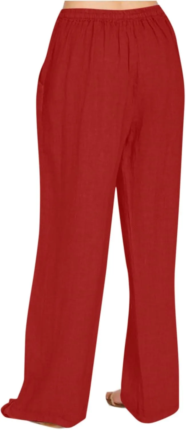 Cotton Linen Pants for Women Drawstring Waist Wide Leg Lounge Palazzo Pants Summer Casual Loose Trousers