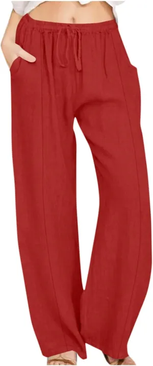 Cotton Linen Pants for Women Drawstring Waist Wide Leg Lounge Palazzo Pants Summer Casual Loose Trousers
