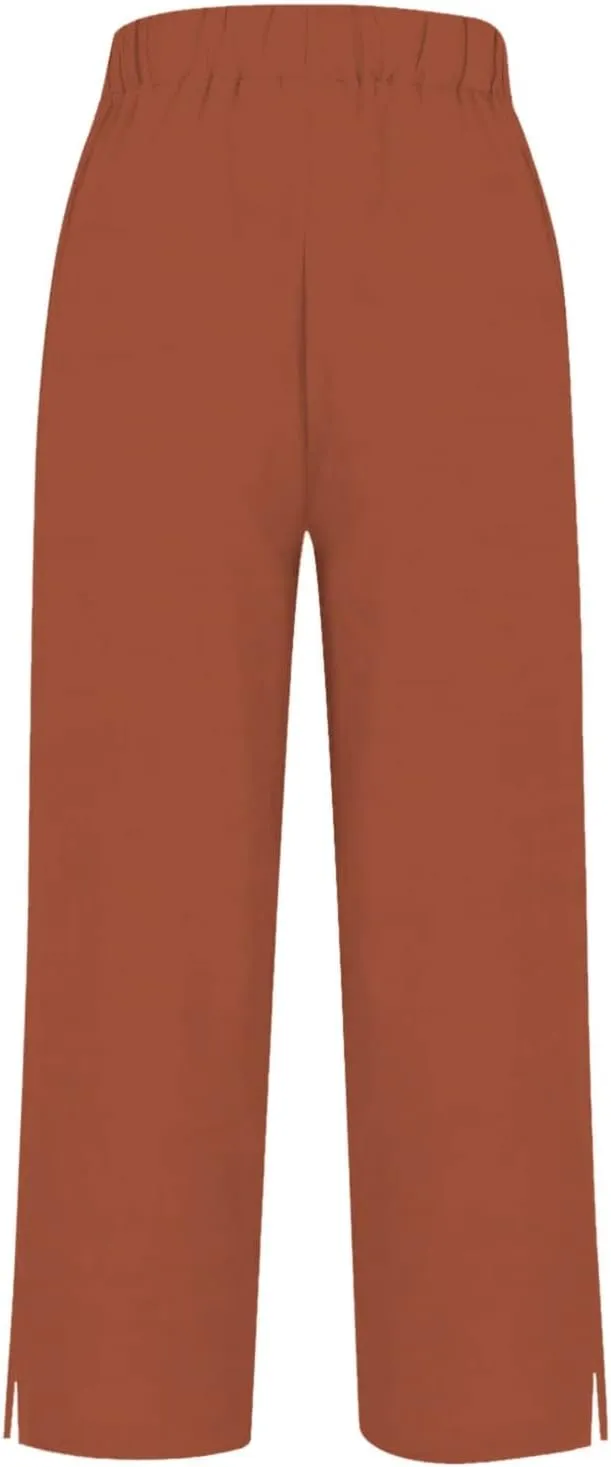 Cotton Linen Pants for Women Elastic High Waist Straight Leg Lounge Pants Summer Casual Slacks Trousers with Pockets