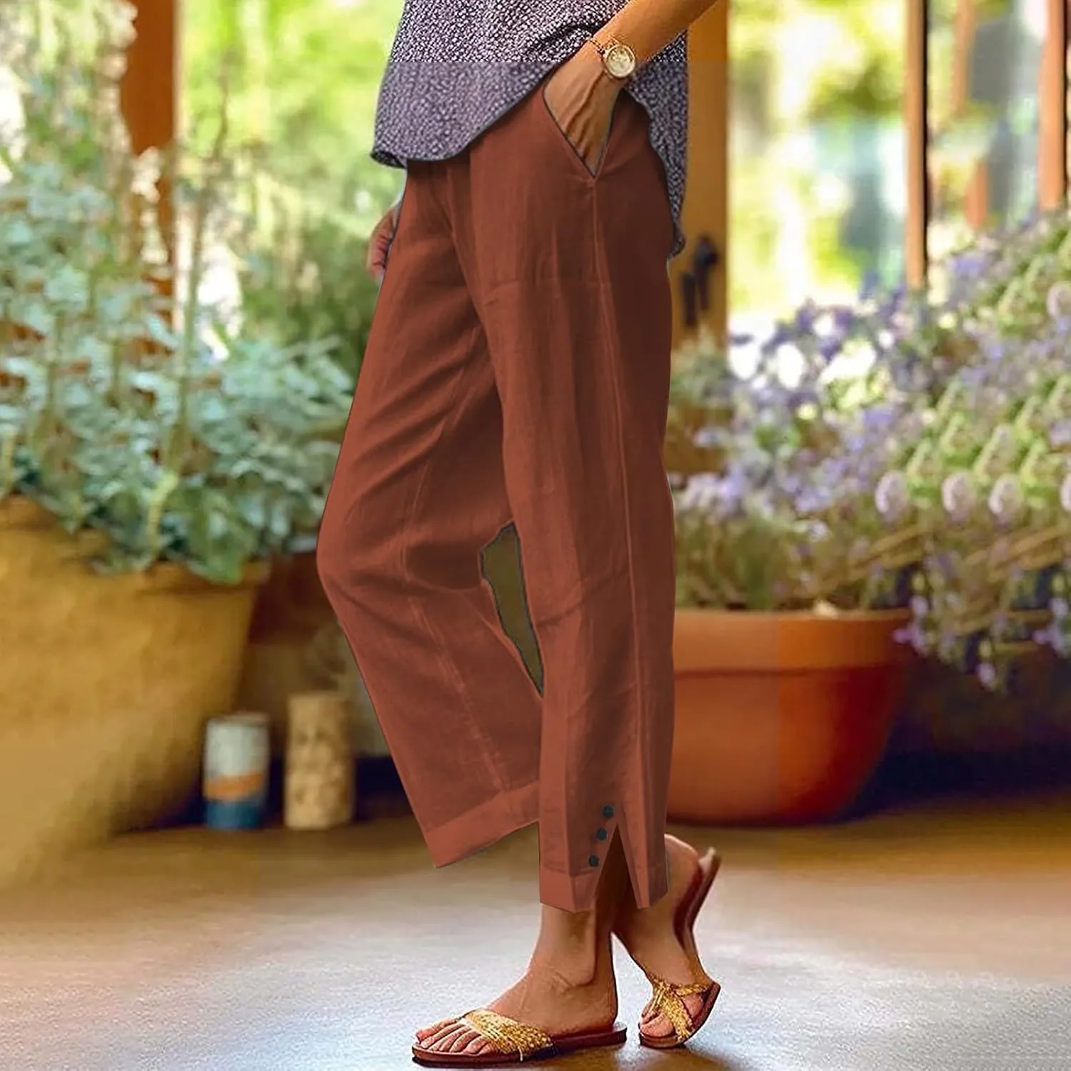 Cotton Linen Pants for Women Elastic High Waist Straight Leg Lounge Pants Summer Casual Slacks Trousers with Pockets