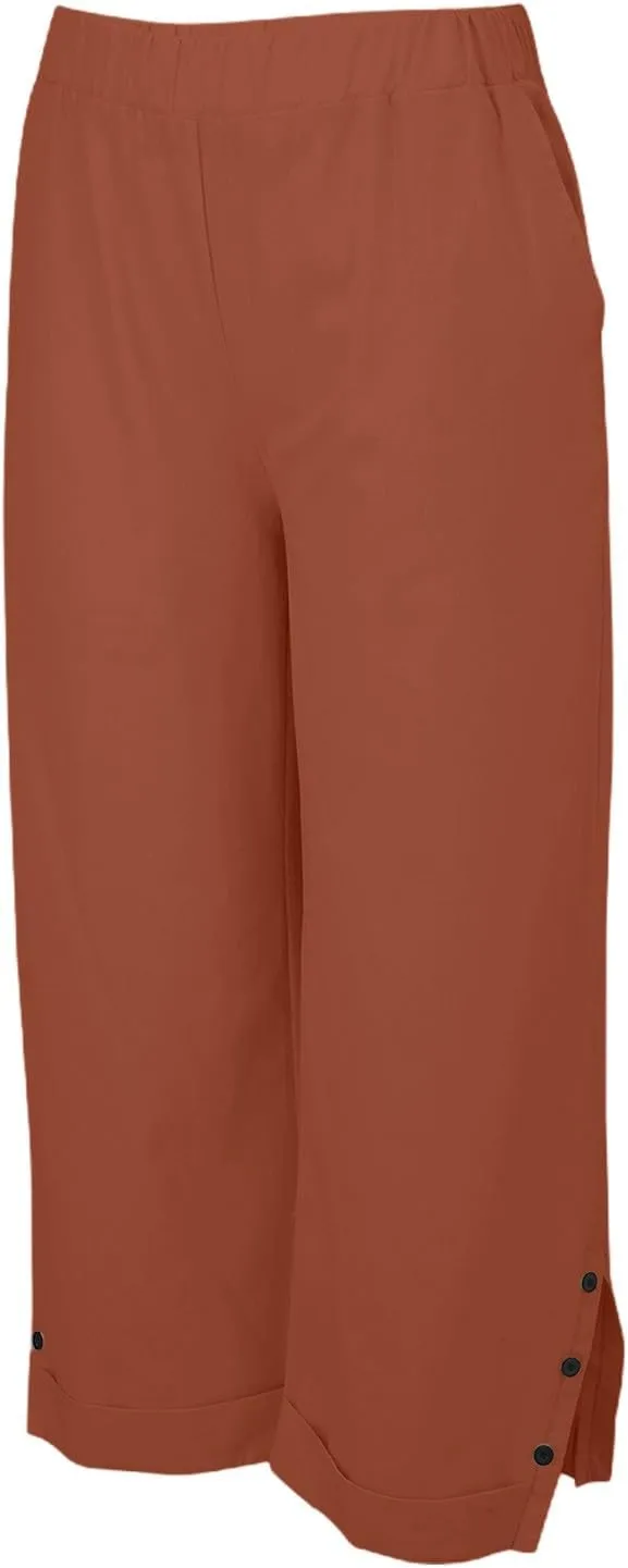 Cotton Linen Pants for Women Elastic High Waist Straight Leg Lounge Pants Summer Casual Slacks Trousers with Pockets