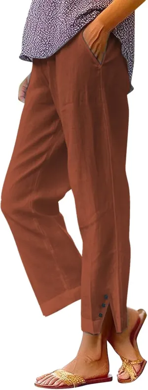 Cotton Linen Pants for Women Elastic High Waist Straight Leg Lounge Pants Summer Casual Slacks Trousers with Pockets