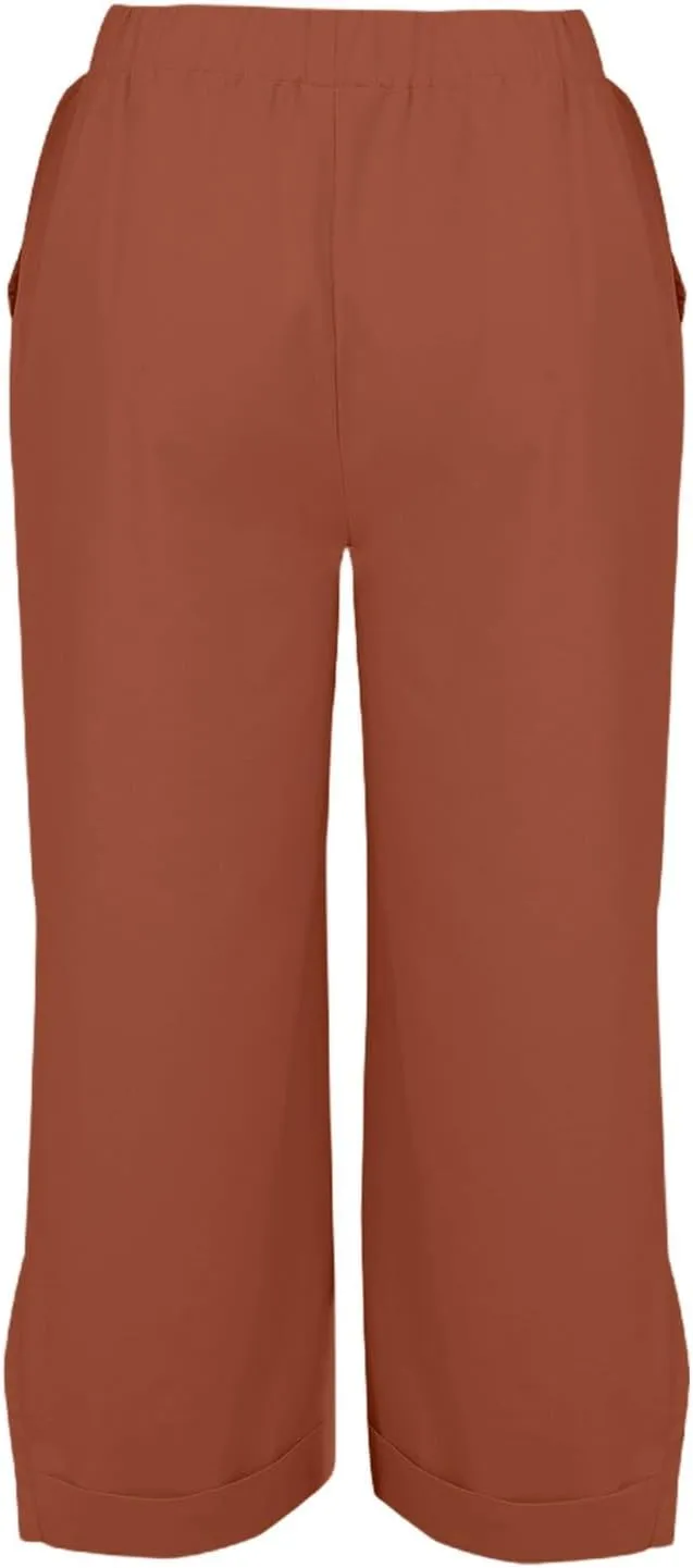 Cotton Linen Pants for Women Elastic High Waist Straight Leg Lounge Pants Summer Casual Slacks Trousers with Pockets