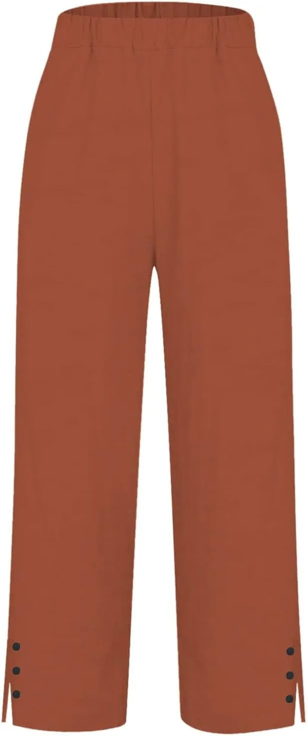 Cotton Linen Pants for Women Elastic High Waist Straight Leg Lounge Pants Summer Casual Slacks Trousers with Pockets