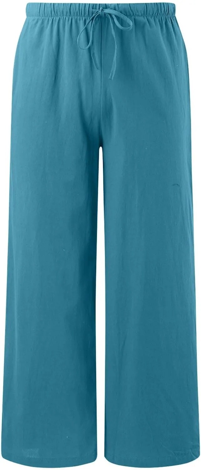 Cotton Linen Pants for Women Flowy Summer Pants Wide Leg Beach Trousers with Pockets