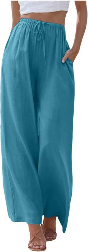 Cotton Linen Pants for Women Flowy Summer Pants Wide Leg Beach Trousers with Pockets