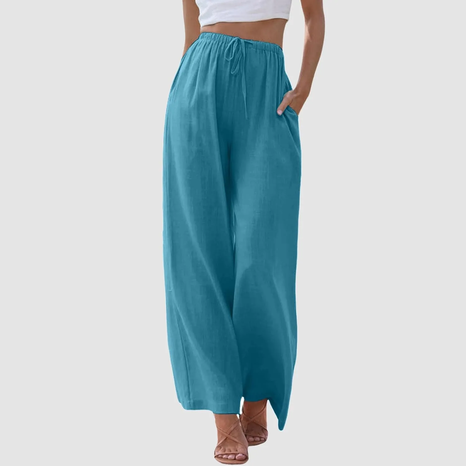 Cotton Linen Pants for Women Flowy Summer Pants Wide Leg Beach Trousers with Pockets