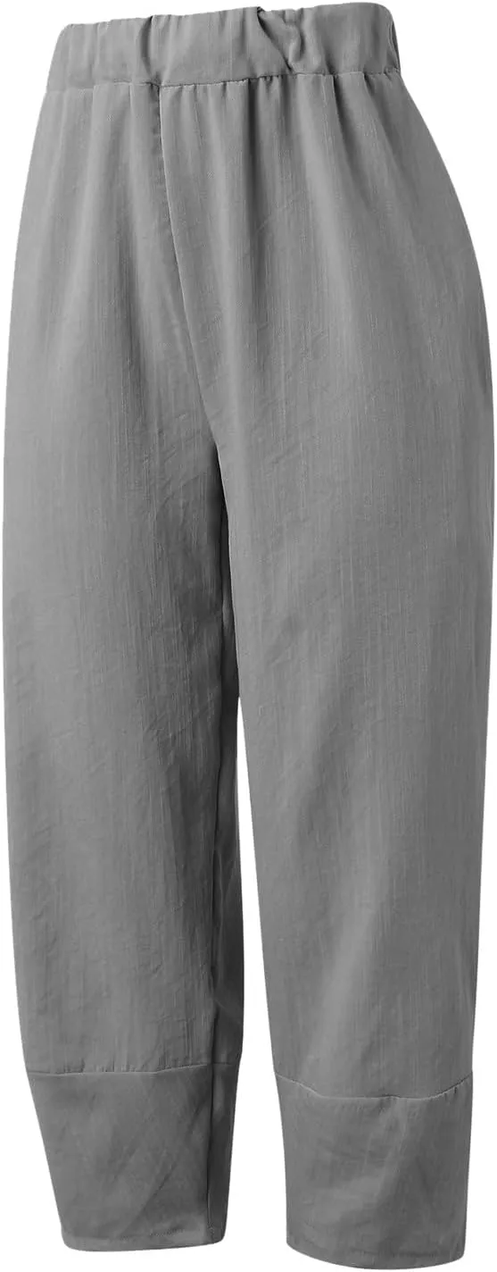 Cotton Linen Pants for Women Summer 2025 Casual Capri Pants with Pockets Cropped High Waisted Loose Fit Trousers