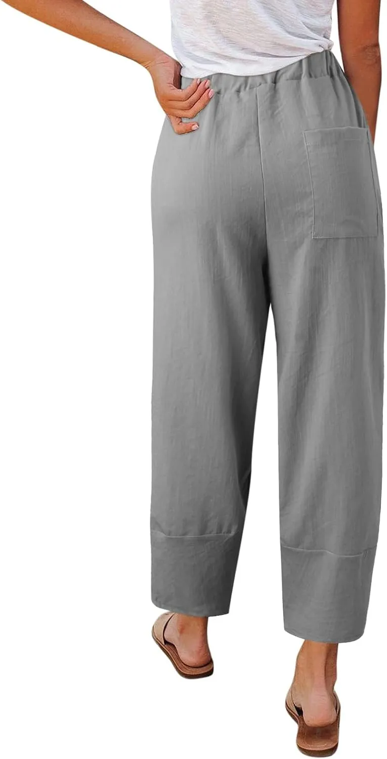 Cotton Linen Pants for Women Summer 2025 Casual Capri Pants with Pockets Cropped High Waisted Loose Fit Trousers