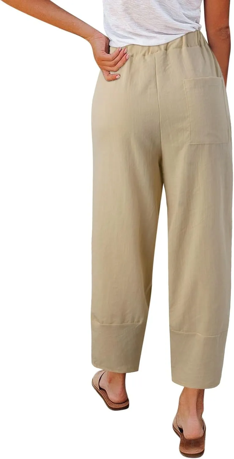 Cotton Linen Pants for Women Summer 2025 Casual Capri Pants with Pockets Cropped High Waisted Loose Fit Trousers