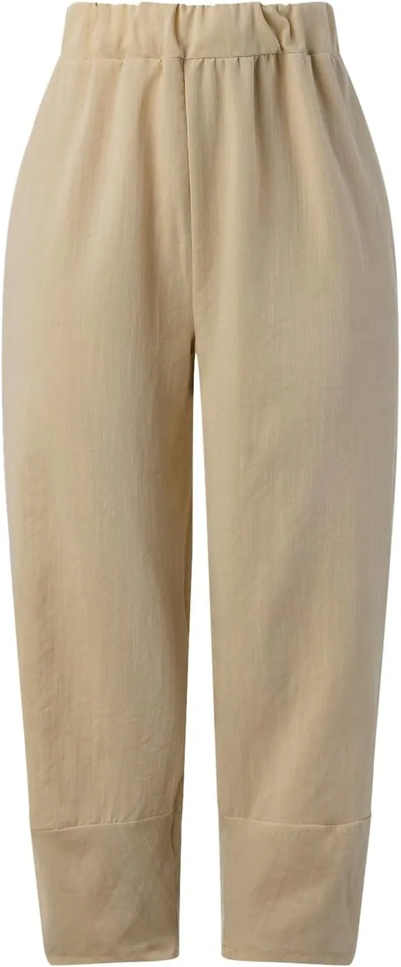 Cotton Linen Pants for Women Summer 2025 Casual Capri Pants with Pockets Cropped High Waisted Loose Fit Trousers