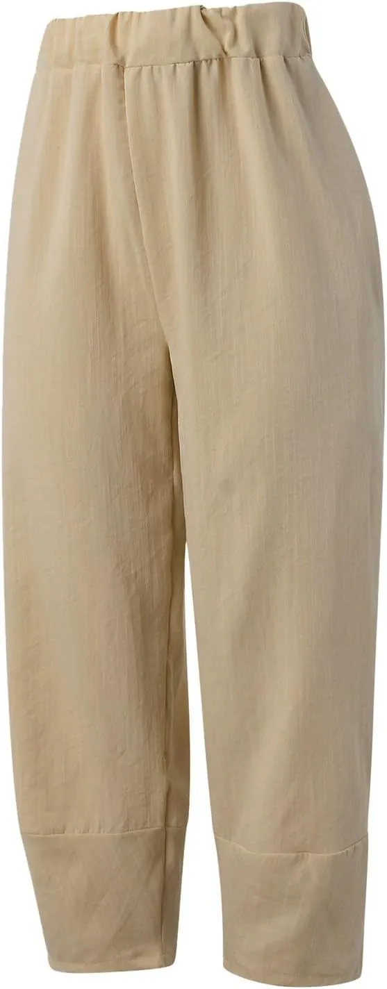 Cotton Linen Pants for Women Summer 2025 Casual Capri Pants with Pockets Cropped High Waisted Loose Fit Trousers