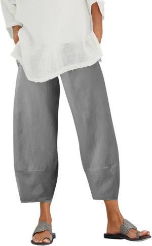 Cotton Linen Pants for Women Summer 2025 Casual Capri Pants with Pockets Cropped High Waisted Loose Fit Trousers