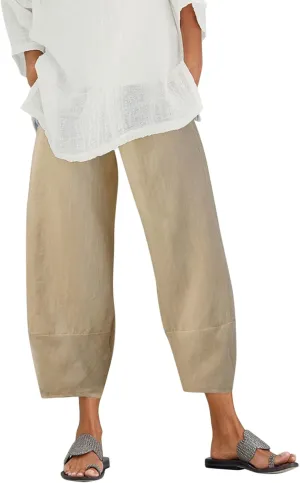 Cotton Linen Pants for Women Summer 2025 Casual Capri Pants with Pockets Cropped High Waisted Loose Fit Trousers