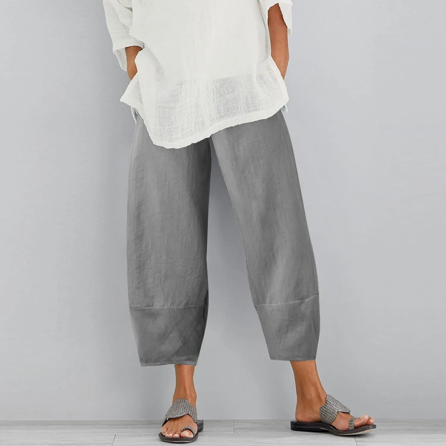 Cotton Linen Pants for Women Summer 2025 Casual Capri Pants with Pockets Cropped High Waisted Loose Fit Trousers