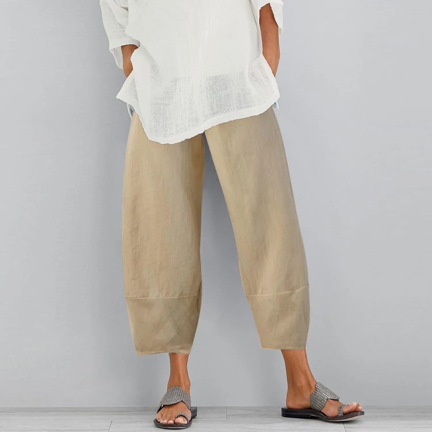 Cotton Linen Pants for Women Summer 2025 Casual Capri Pants with Pockets Cropped High Waisted Loose Fit Trousers