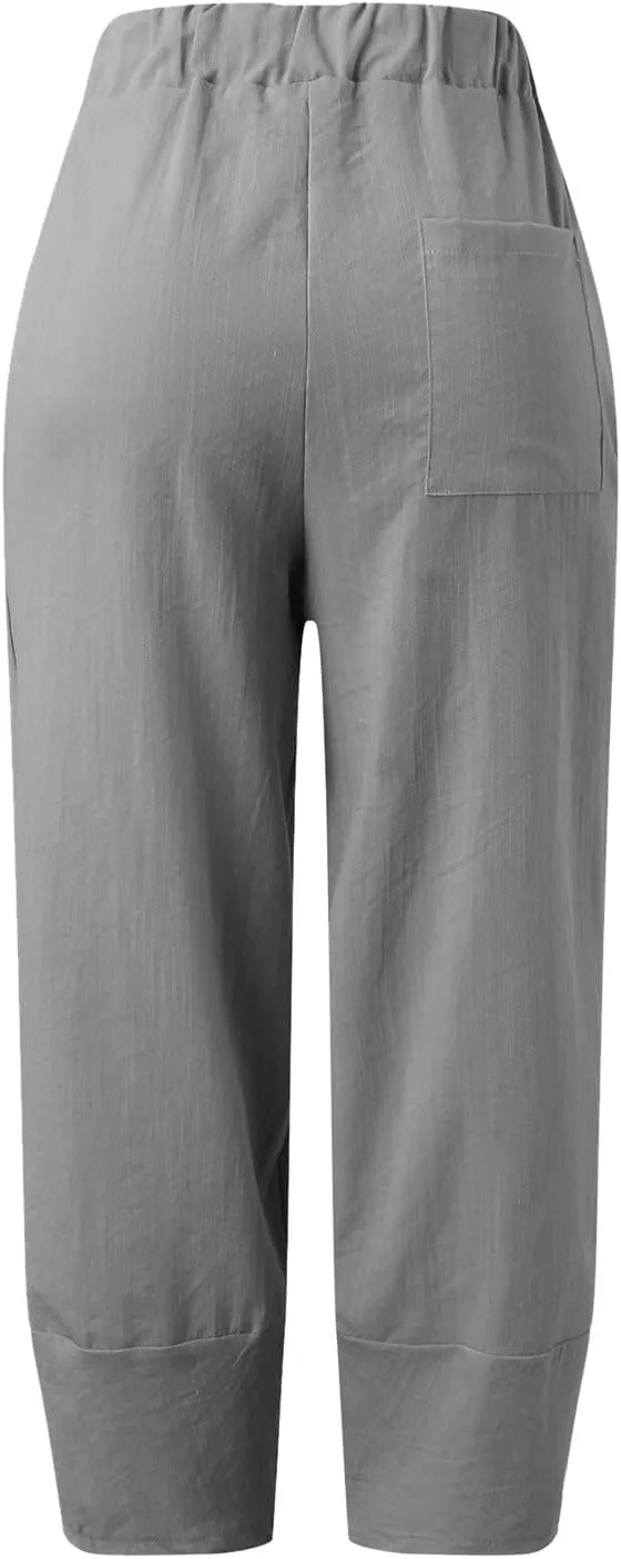Cotton Linen Pants for Women Summer 2025 Casual Capri Pants with Pockets Cropped High Waisted Loose Fit Trousers