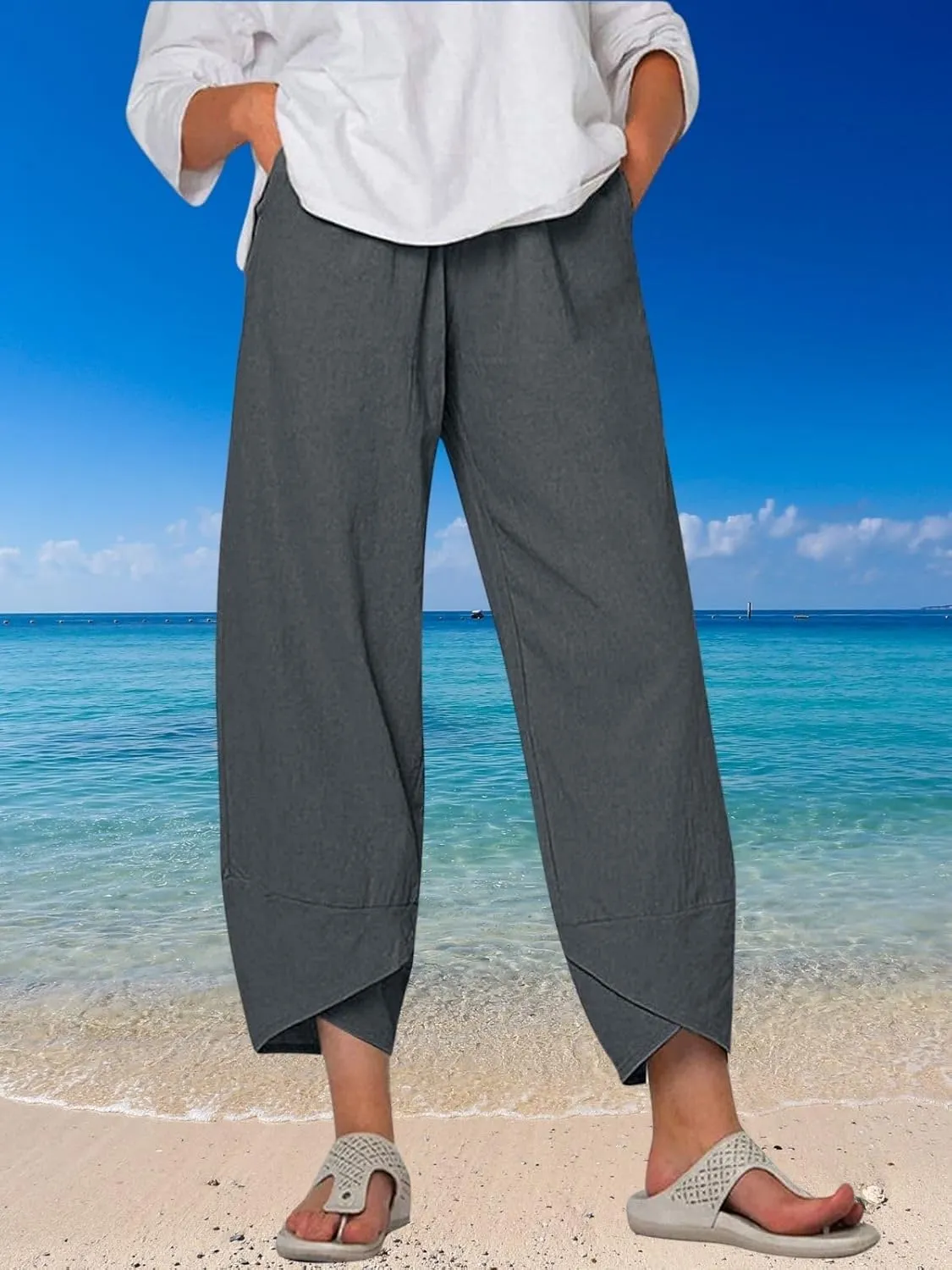 Cotton Linen Pants for Women Summer Casual Capri Pants Waist Elastic Comfy Loose Women's Palazzo Trousers with Pockets