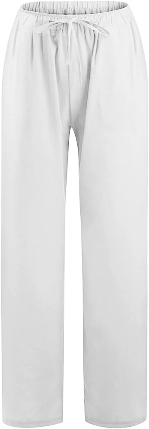 Cotton Linen Pants Women Baggy Casual Summer Solid Color Straight Leg Beach High Waist Linen Pants Plus Size Lounge Trousers
