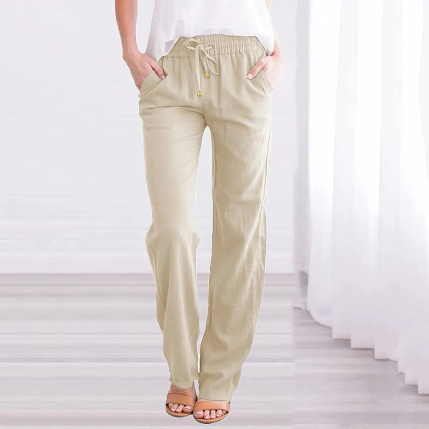Cotton Linen Pants Women Summer Drawstring Waist Lounge Pants Casual Straight Leg Loose Long Trousers with Pockets