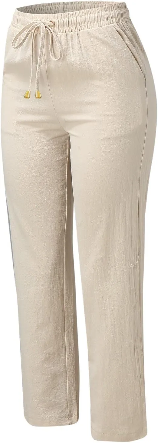 Cotton Linen Pants Women Summer Drawstring Waist Lounge Pants Casual Straight Leg Loose Long Trousers with Pockets
