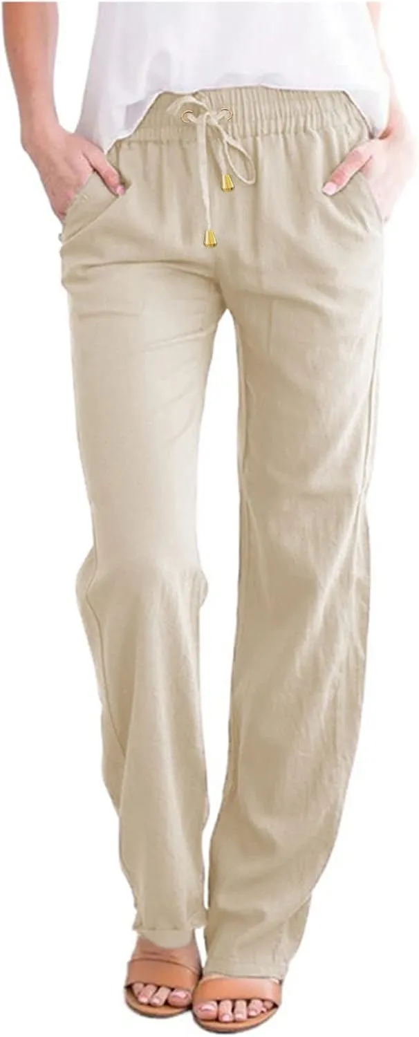 Cotton Linen Pants Women Summer Drawstring Waist Lounge Pants Casual Straight Leg Loose Long Trousers with Pockets