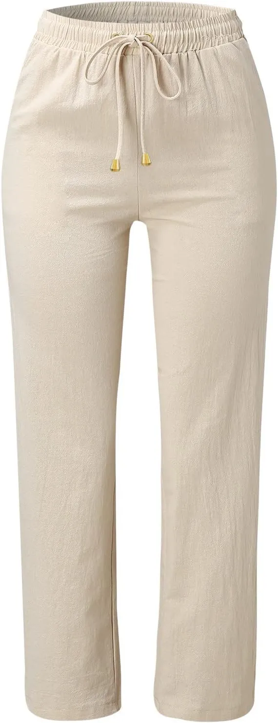 Cotton Linen Pants Women Summer Drawstring Waist Lounge Pants Casual Straight Leg Loose Long Trousers with Pockets