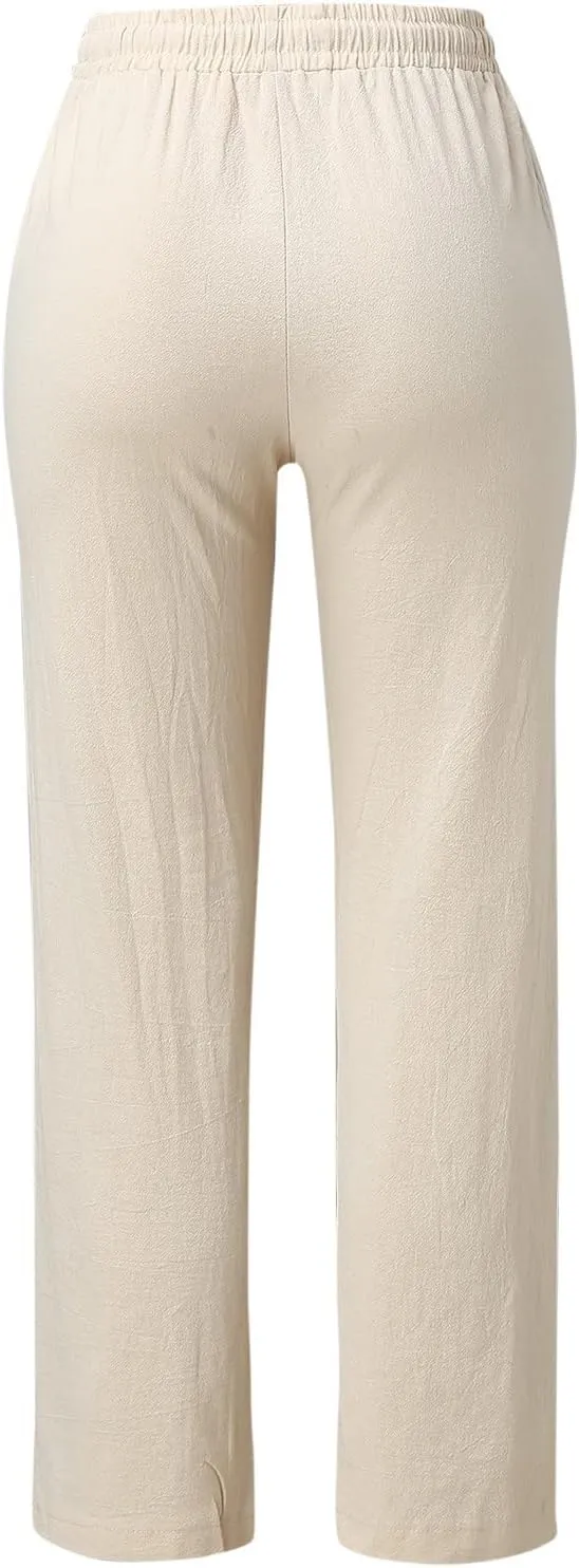 Cotton Linen Pants Women Summer Drawstring Waist Lounge Pants Casual Straight Leg Loose Long Trousers with Pockets