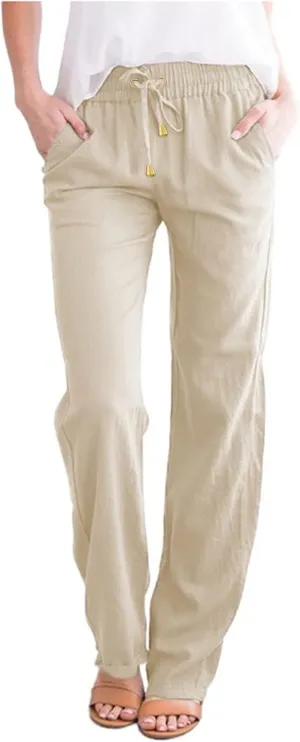 Cotton Linen Pants Women Summer Drawstring Waist Lounge Pants Casual Straight Leg Loose Long Trousers with Pockets